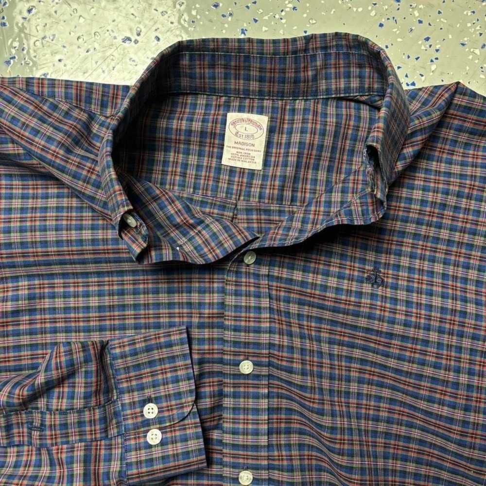 Brooks Brothers Button Shirt Oxford Mens Large Multicolor Plaid Madison Supima